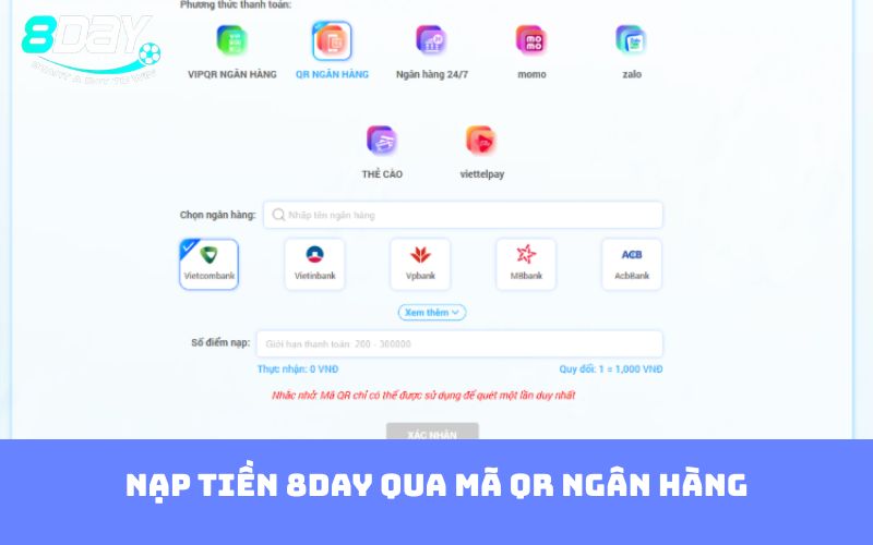 Nạp tiền 8DAY qua mã QR ngân hàng