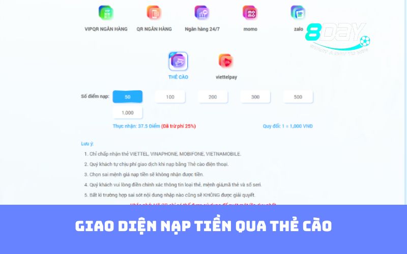 Giao diện nạp tiền qua thẻ cào